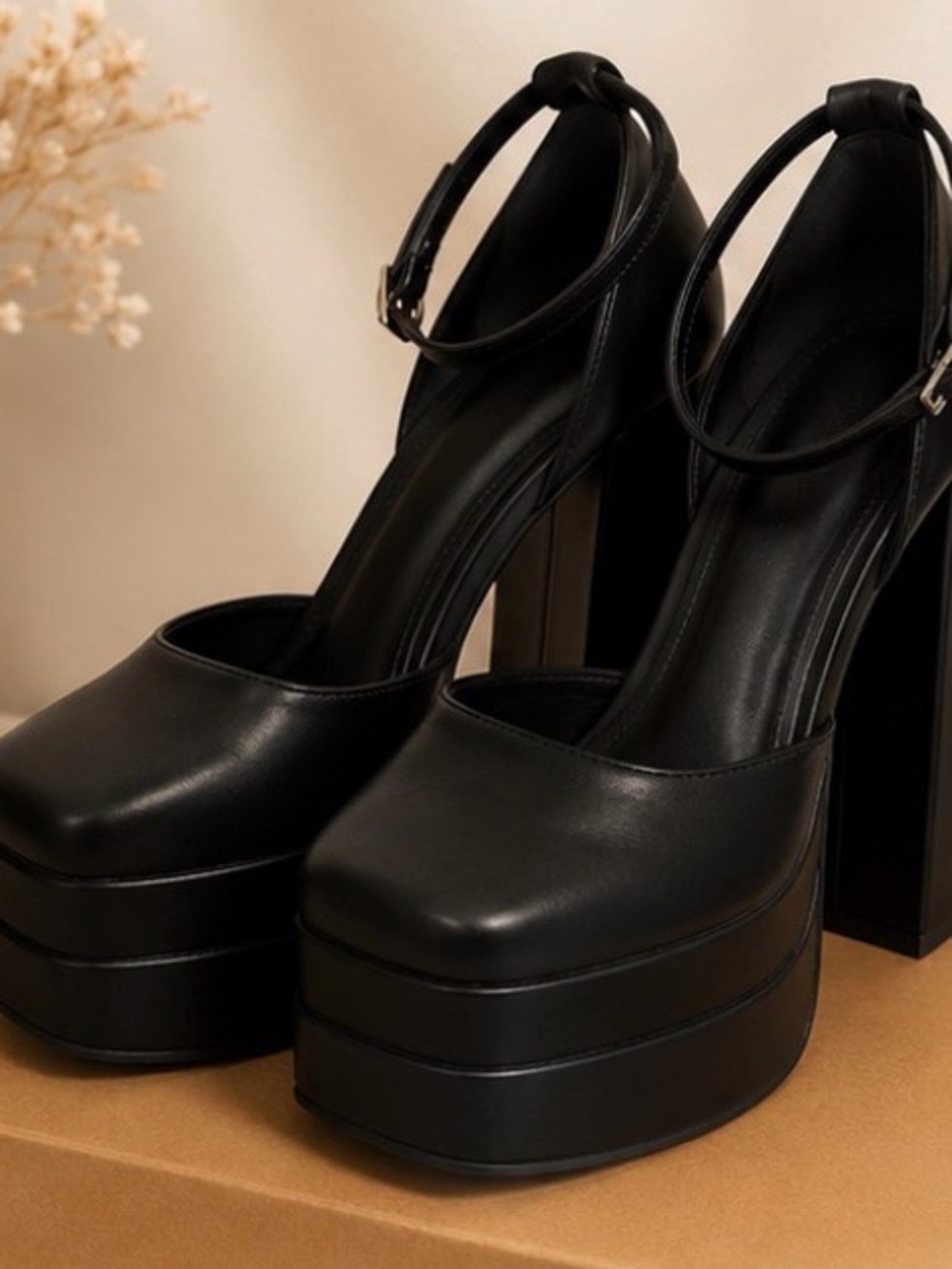 Black Platform Mary Jane Heels with Ankle Strap
